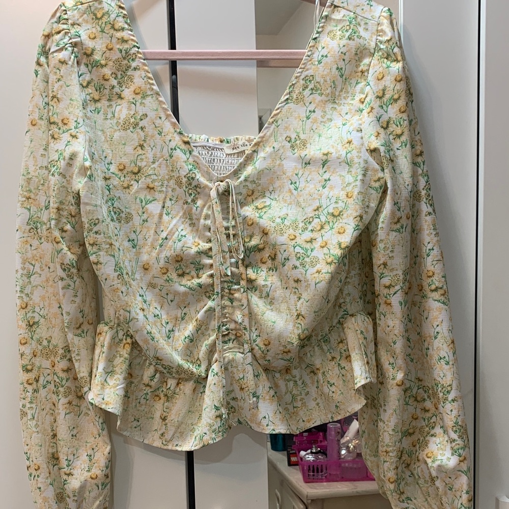 Floral Lace-Up Blouse in Cream and Green